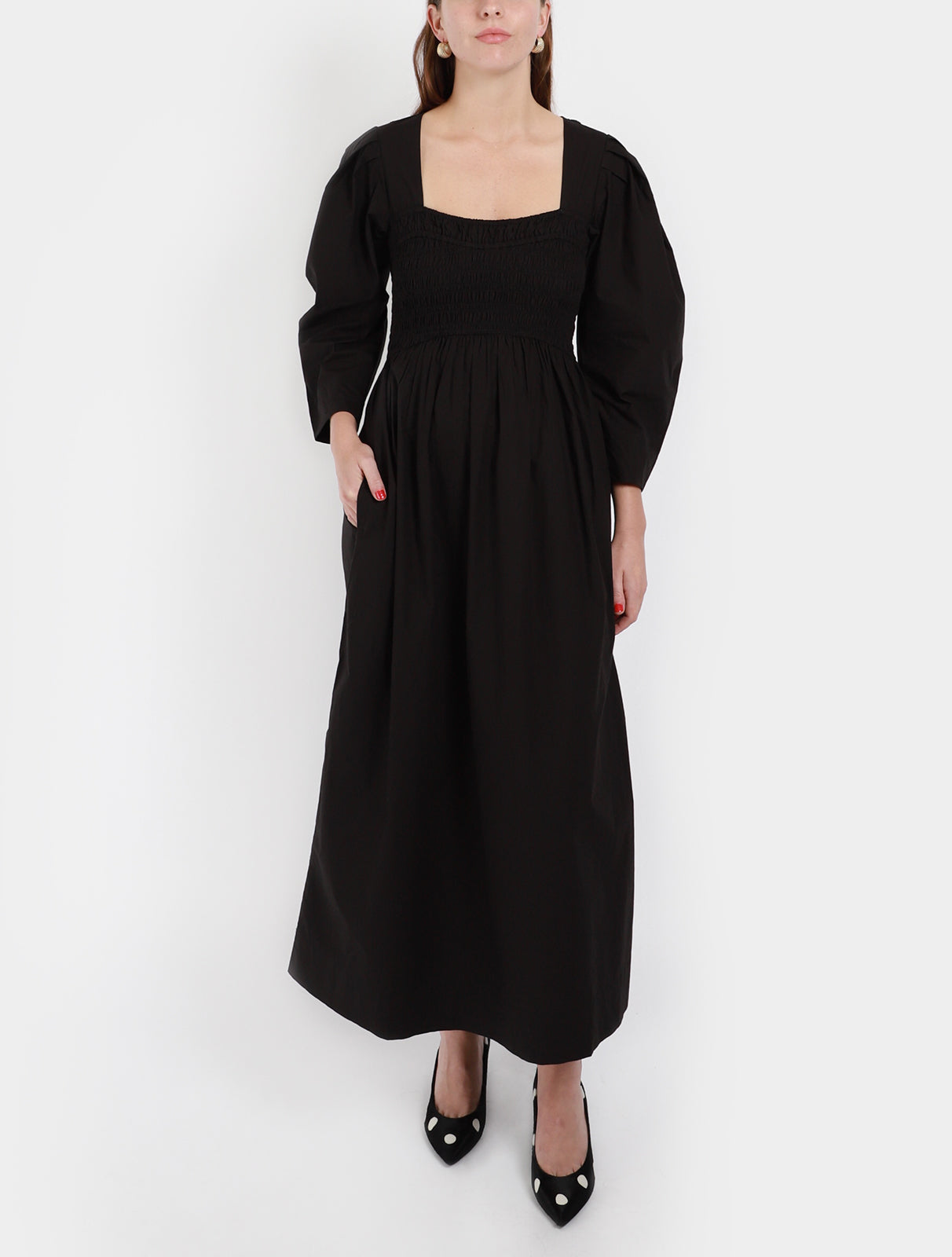 ganni-cotton-open-neck-smock-long-dress-black_1
